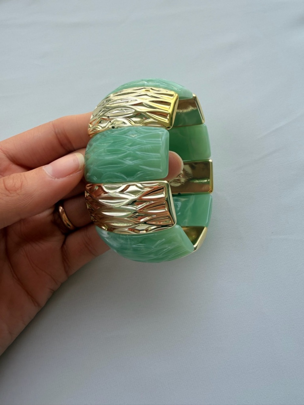 Gold and Sage Green Chunky Stretch Bracelet - Picture 6 of 6